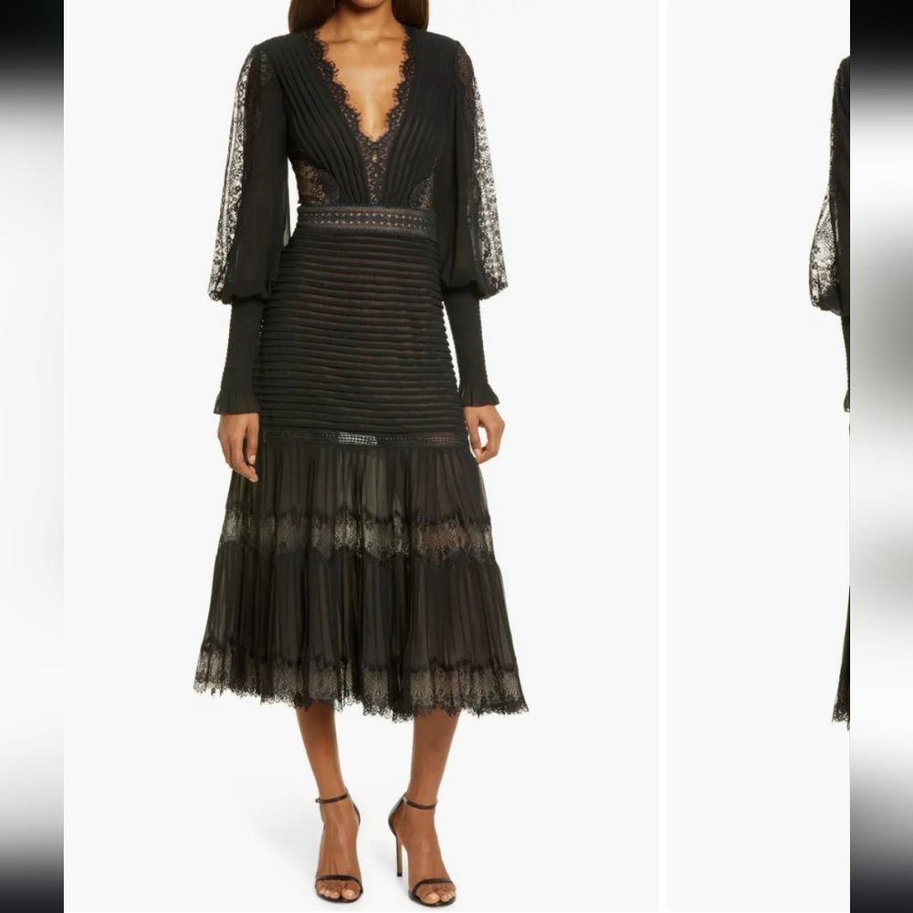 Tadashi Shoji Lace Pintuck Long Sleeve pleated Dress Black NWT Size 8